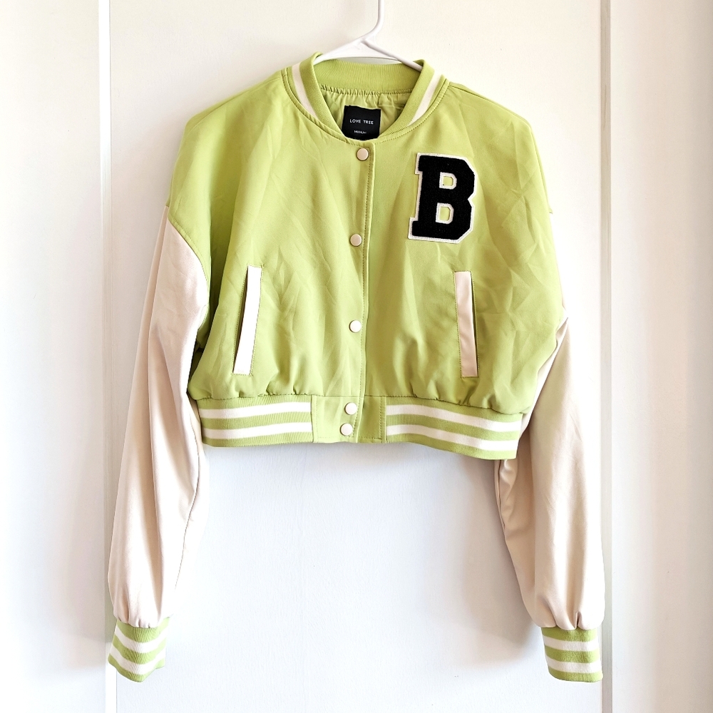 Love Tree Varsity Letterman Crop Jacket Lime Green